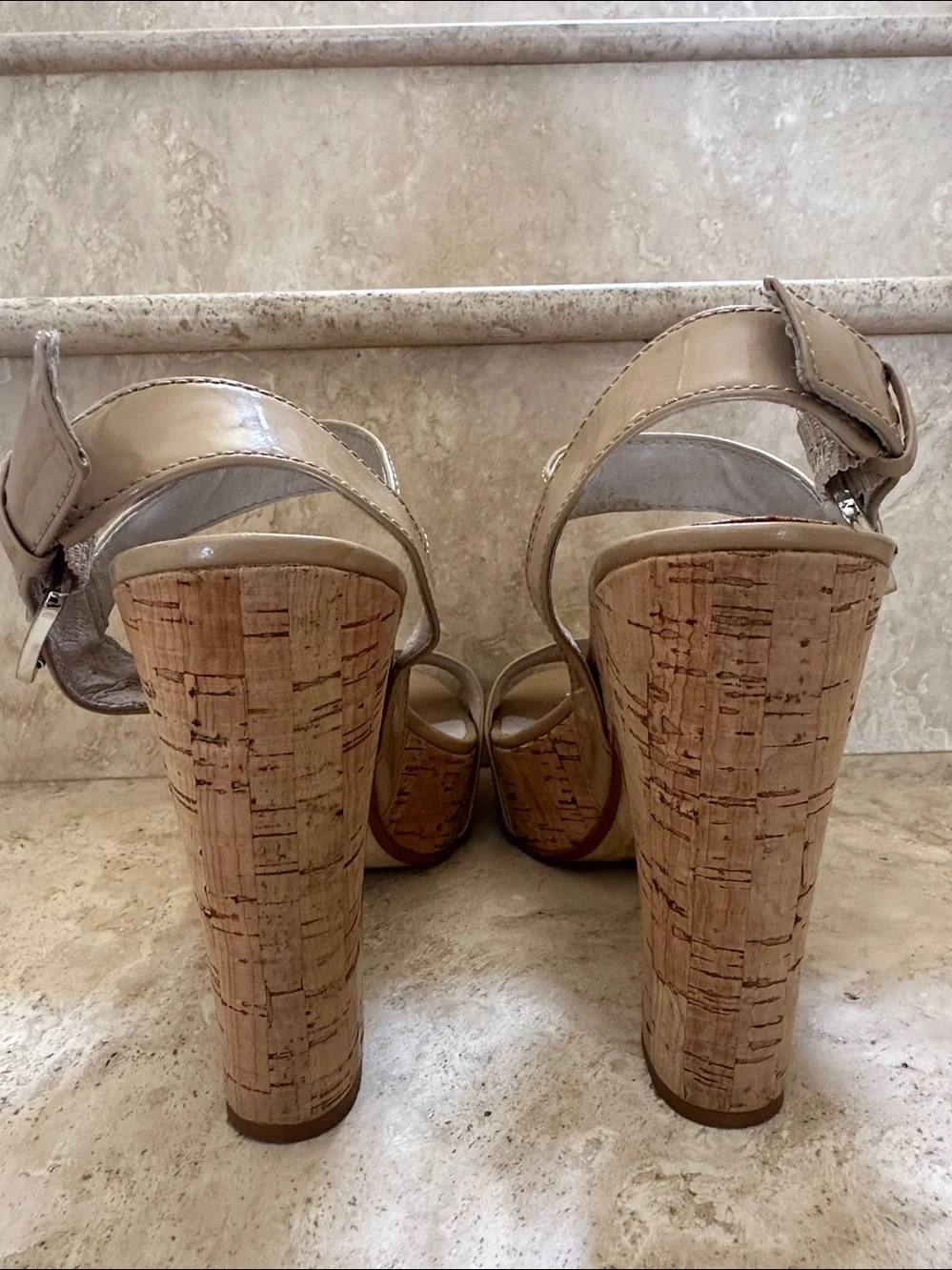 MICHAEL Michael Kors IVANA Nude Patent Leather Cork Platform Sandals - Size 7M